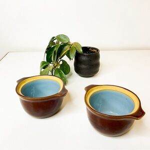 Vintage Denby England Cream & Blue Stoneware Pottery Set Of 2 Stacking Bowls